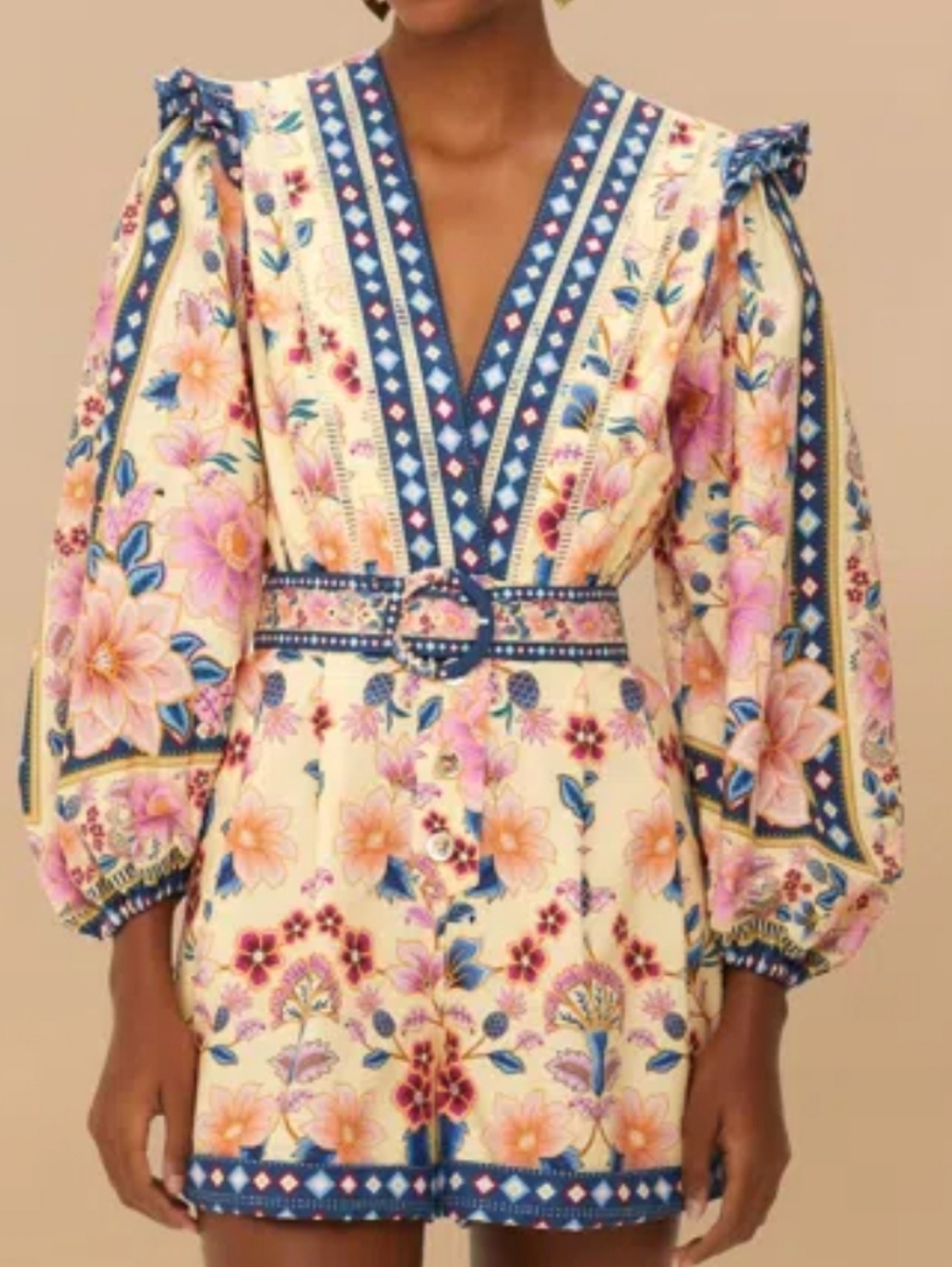 NWT Farm Rio Cream Superbloom Floral V-Neck Romper Size S